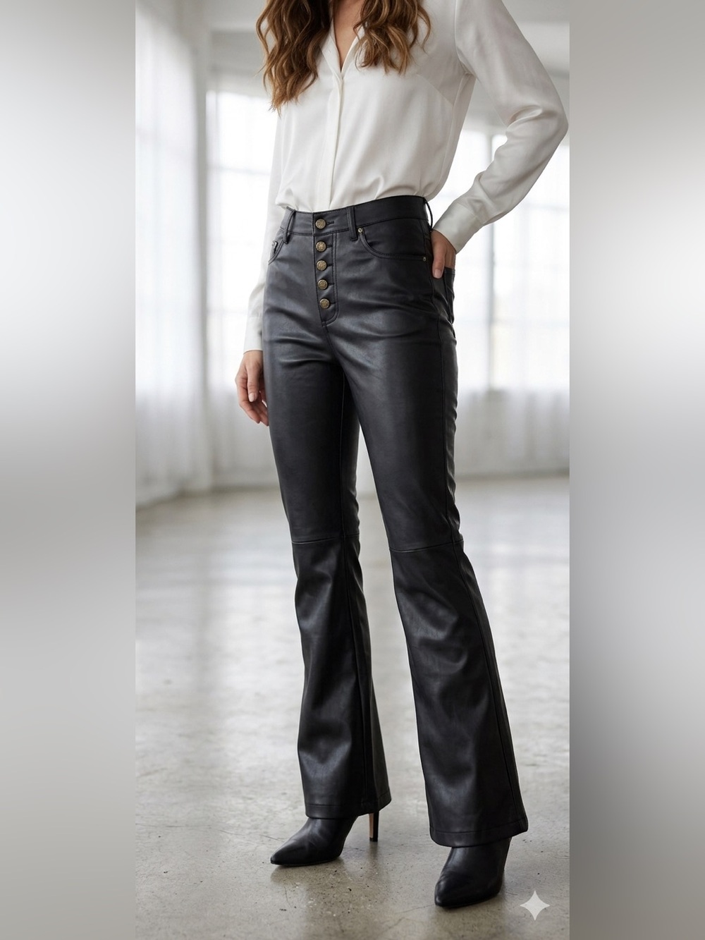 Er clet Black Faux Leather High Waisted Flare Pants - Button Fly - Size M